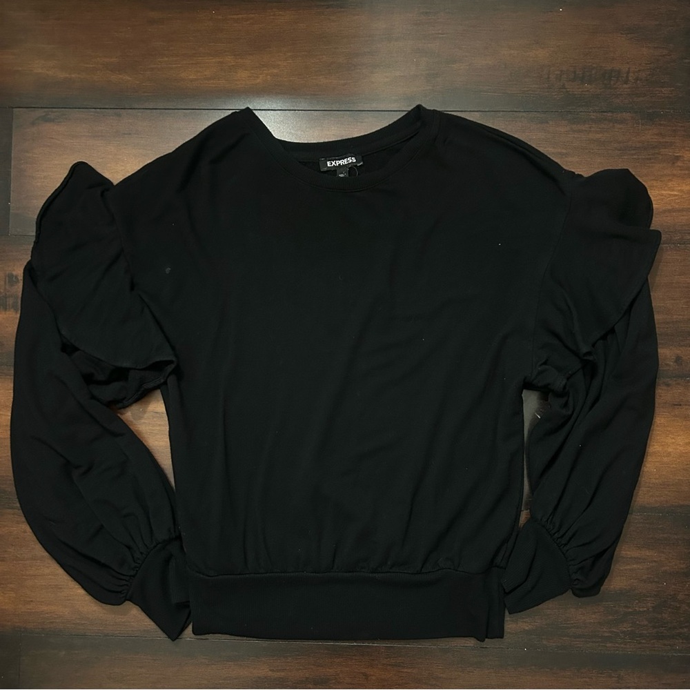 Express Ruffle Shoulder Drop Sleeve Sweatshirt - Black